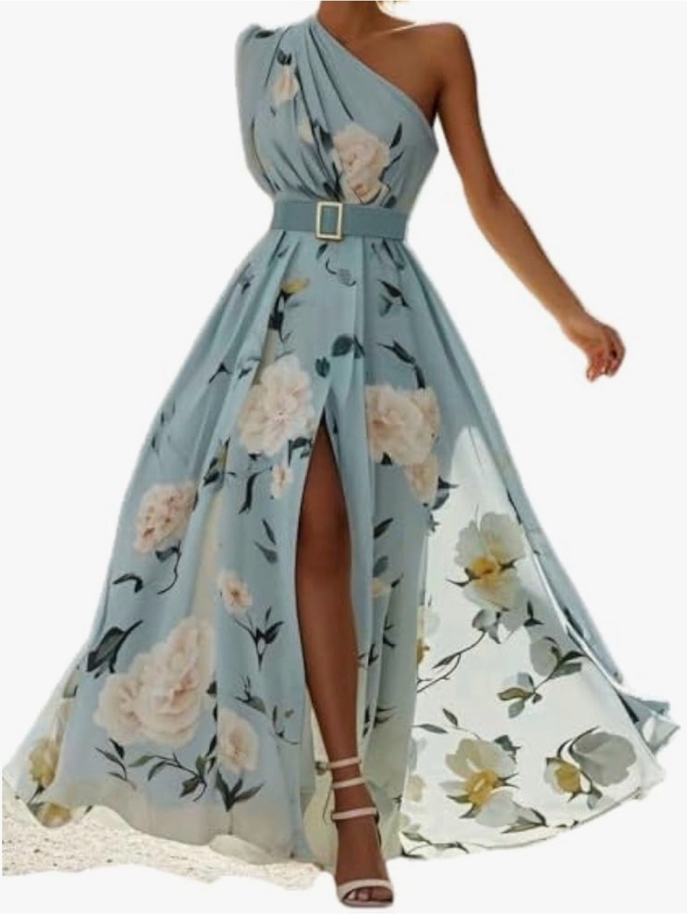 One-Shoulder Blue Floral Maxi Dress with Belt - Picture 2 of 4